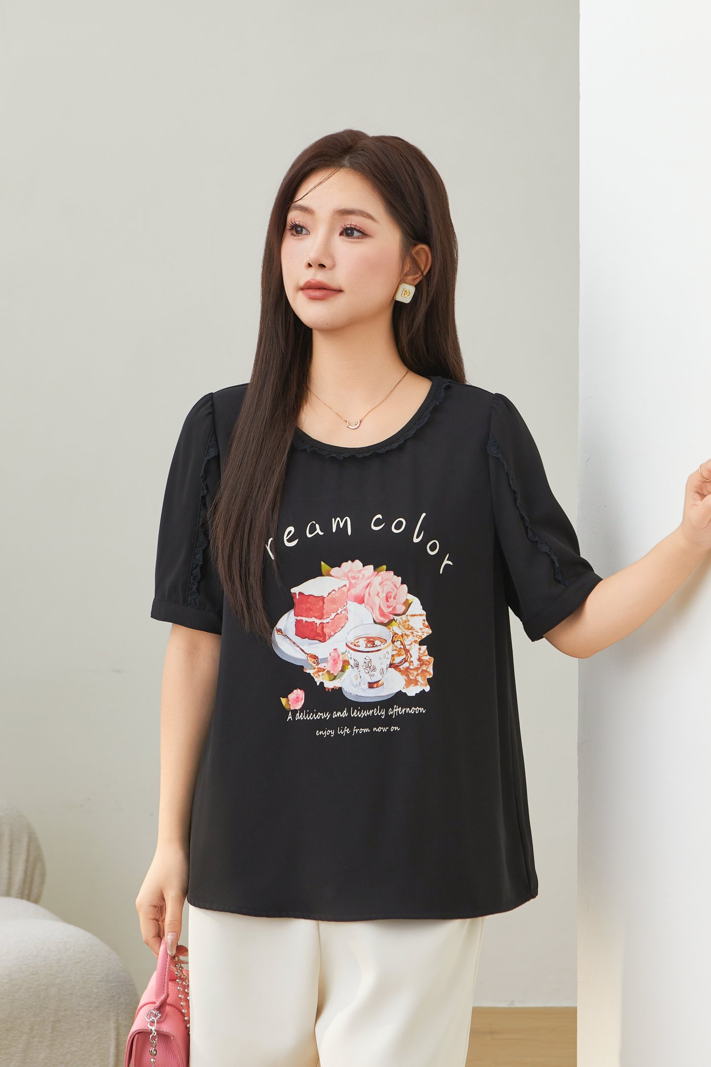 round Neck Stitching Printing T-shirt Top Eca2575
