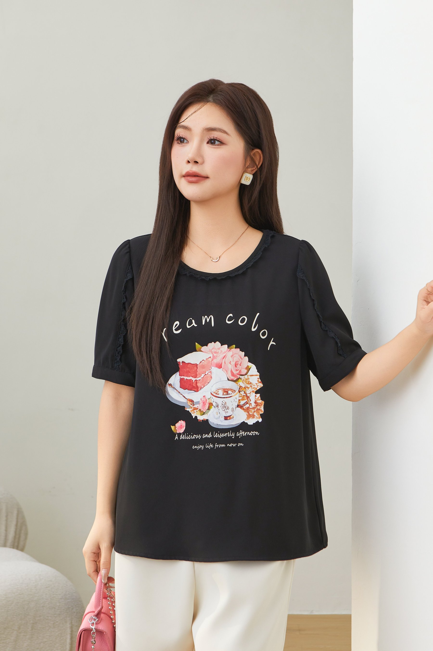 round Neck Stitching Printing T-shirt Top Eca2575