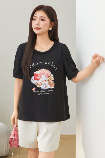 round Neck Stitching Printing T-shirt Top Eca2575
