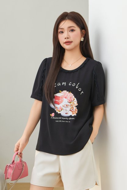 round Neck Stitching Printing T-shirt Top Eca2575
