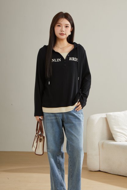 Fake Two-Piece Spliced Hooded Long Sleeve T-Shirt Top ECZ1921