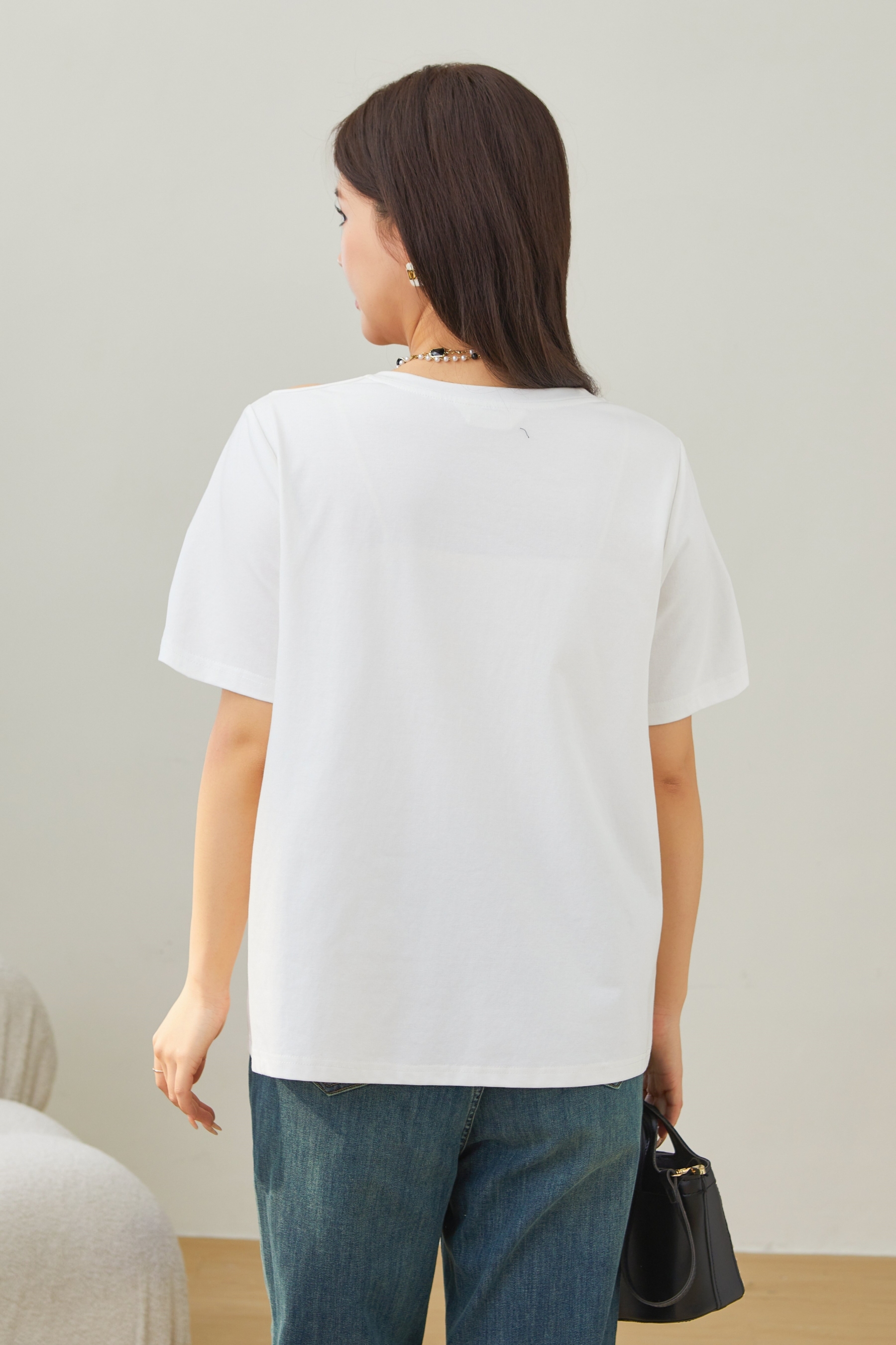 Off-shoulder Tie Salona Cotton Knit T-shirt EXZ2676