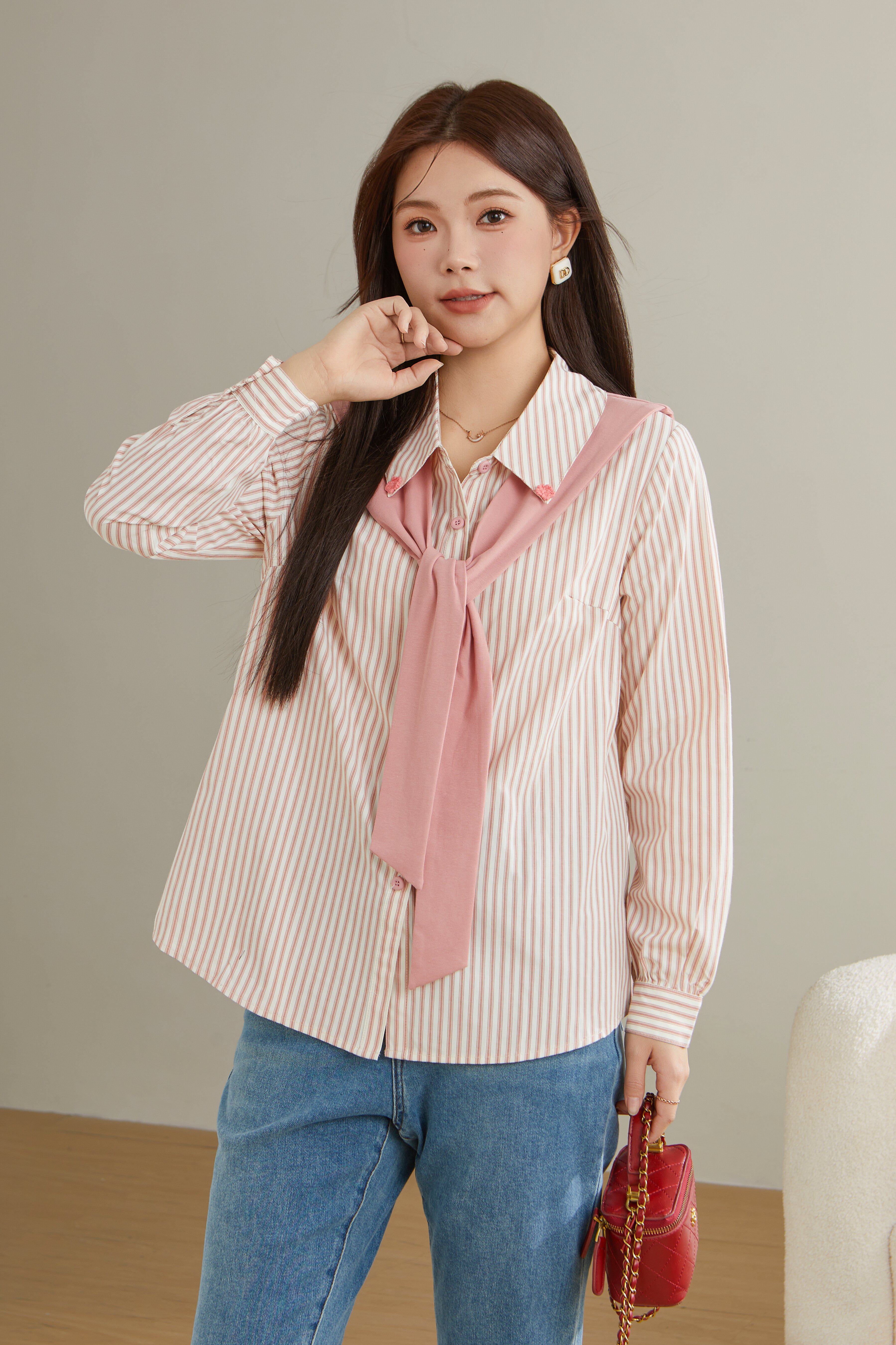 Fake two pink striped flower shirts BDA0572