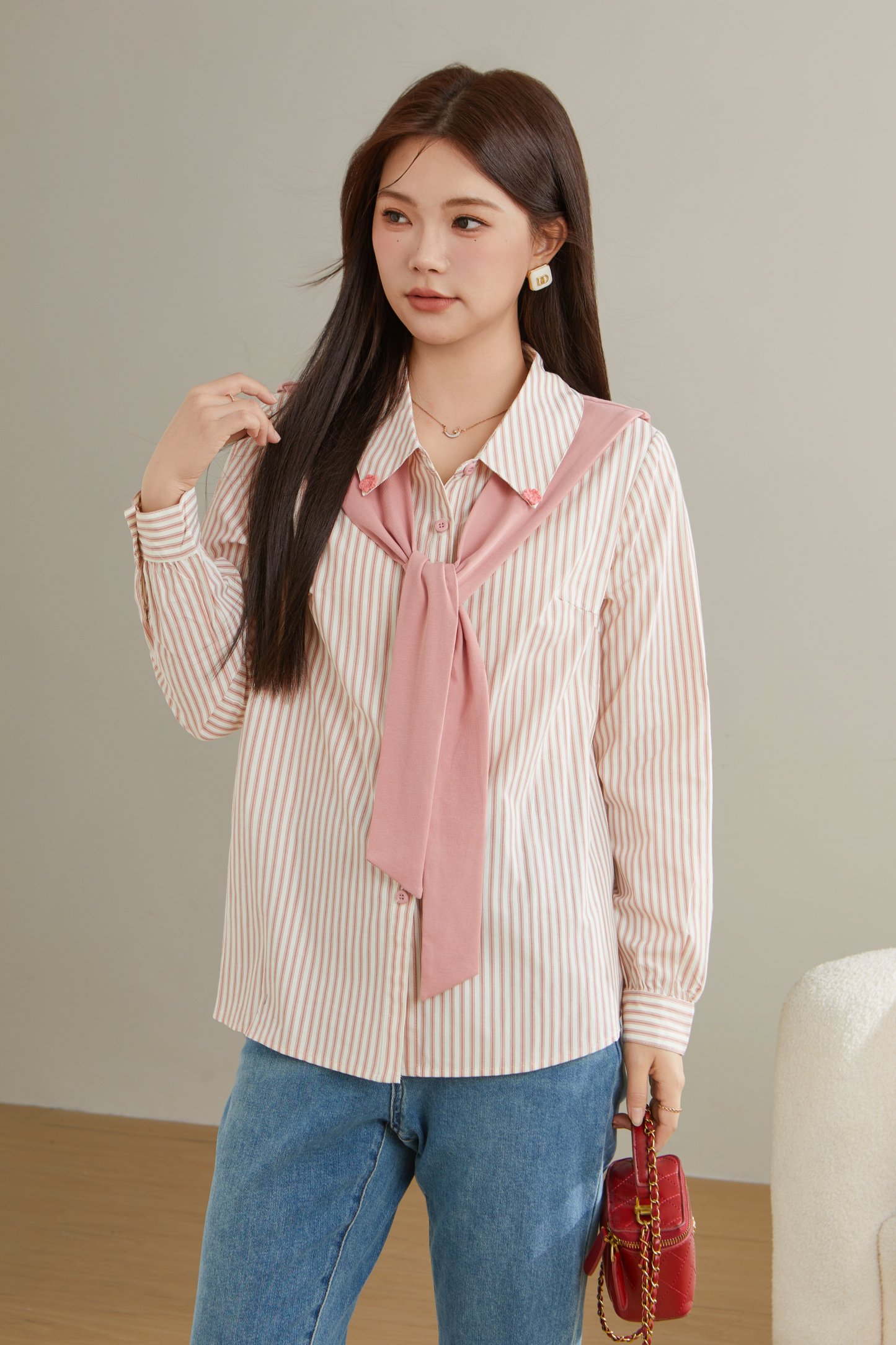 Fake two pink striped flower shirts BDA0572