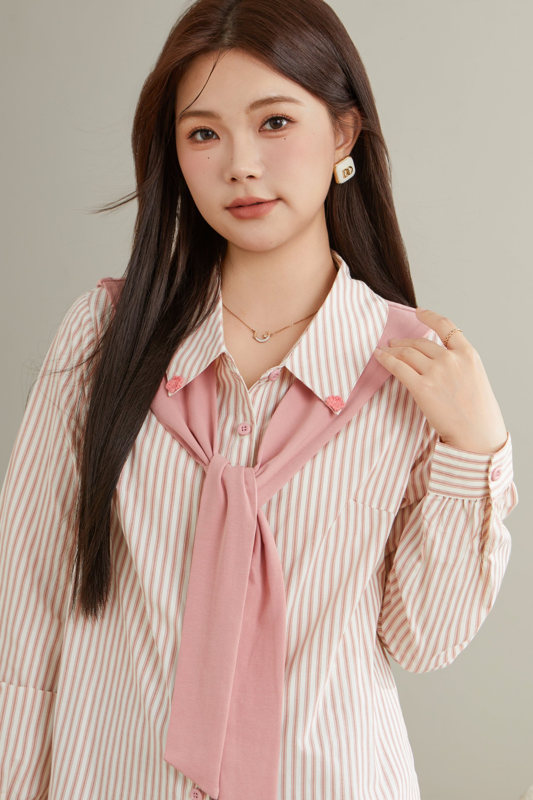 Fake two pink striped flower shirts BDA0572