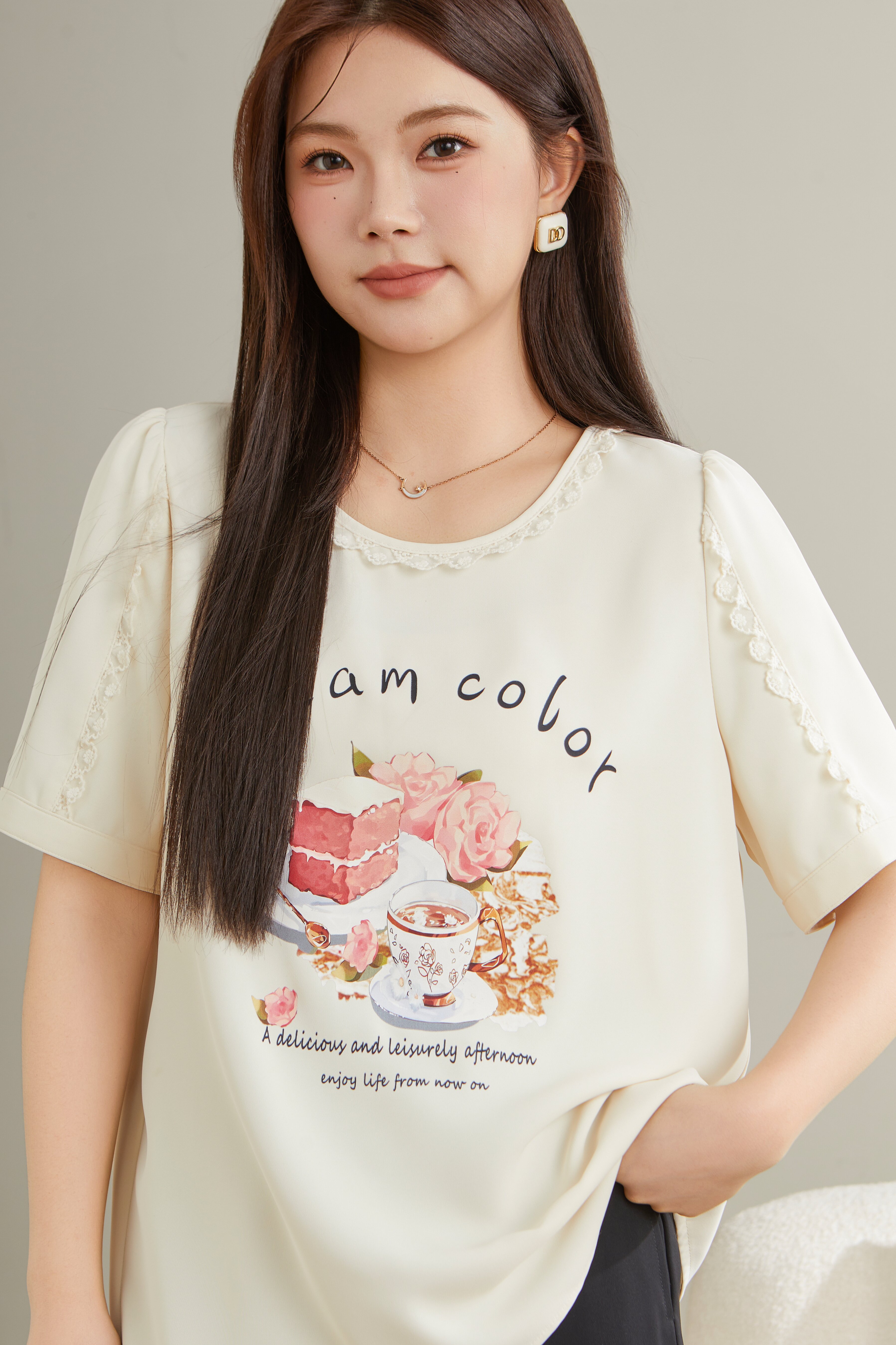 round Neck Stitching Printing T-shirt Top Eca2575