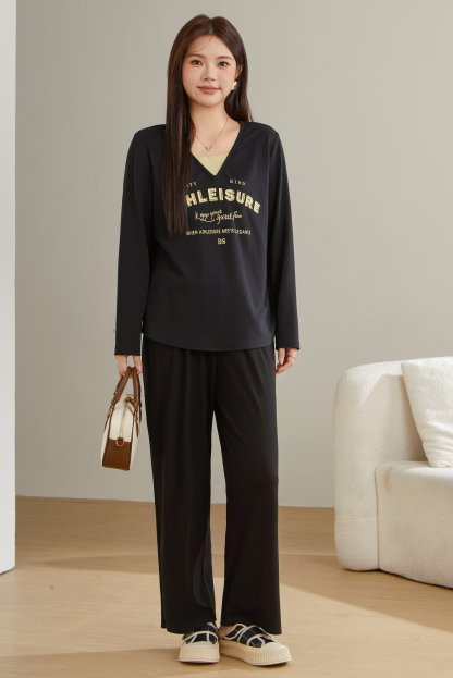 Fake Two-Piece V-Neck Letter Print Long Sleeve T-Shirt ECZ2537