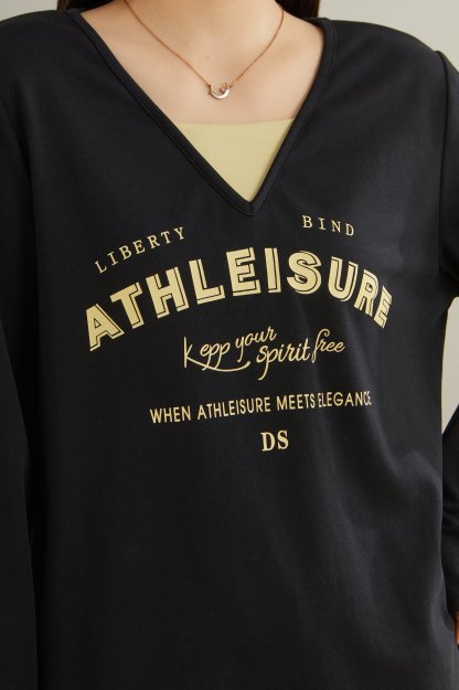 Fake Two-Piece V-Neck Letter Print Long Sleeve T-Shirt ECZ2537