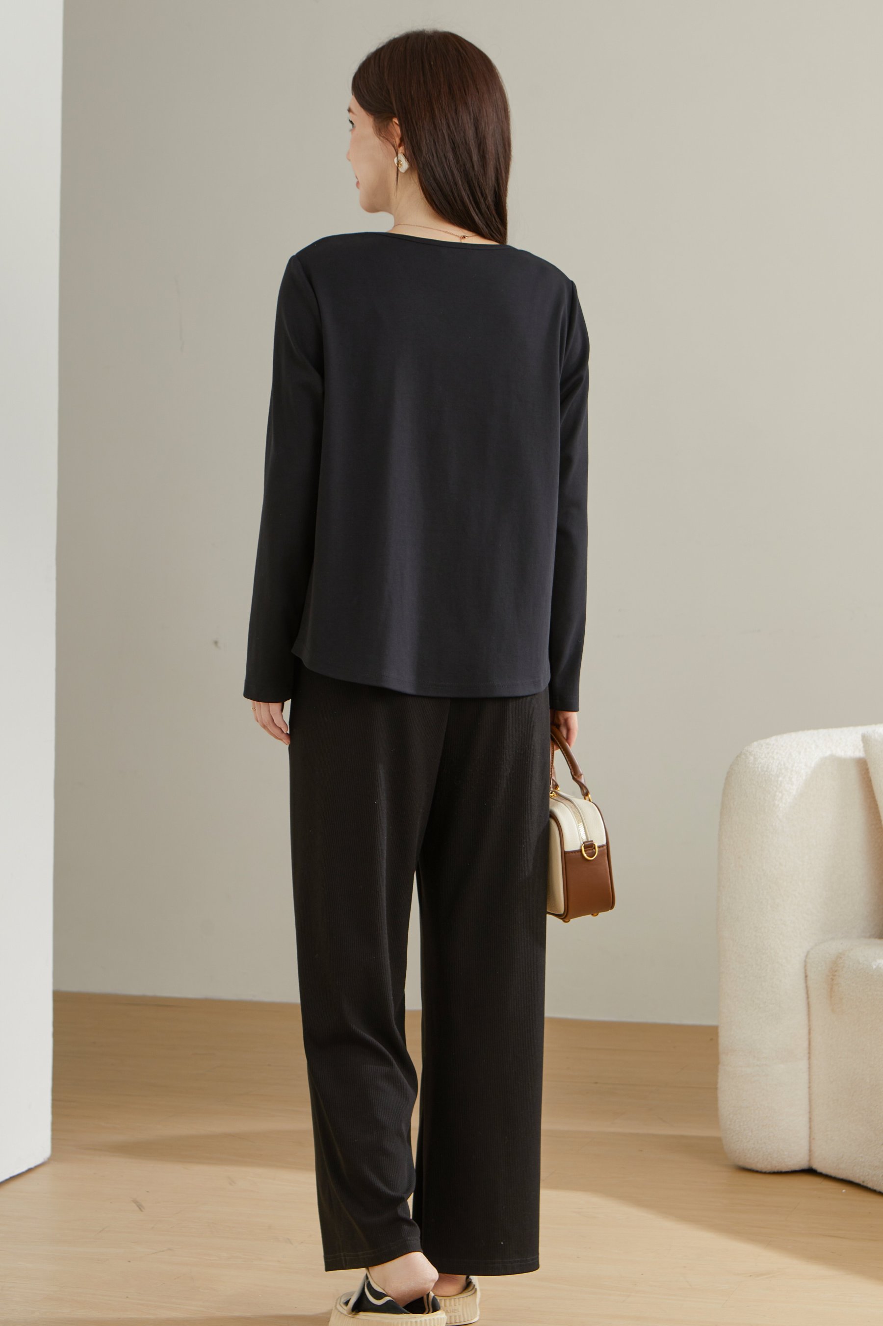 Fake Two-Piece V-Neck Letter Print Long Sleeve T-Shirt ECZ2537