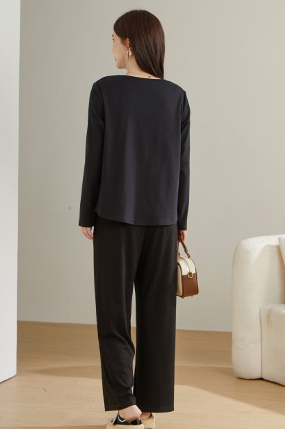 Fake Two-Piece V-Neck Letter Print Long Sleeve T-Shirt ECZ2537