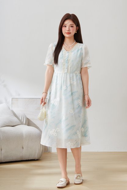 Embroidered Rainbow Striped Chiffon Dress EXQ5258