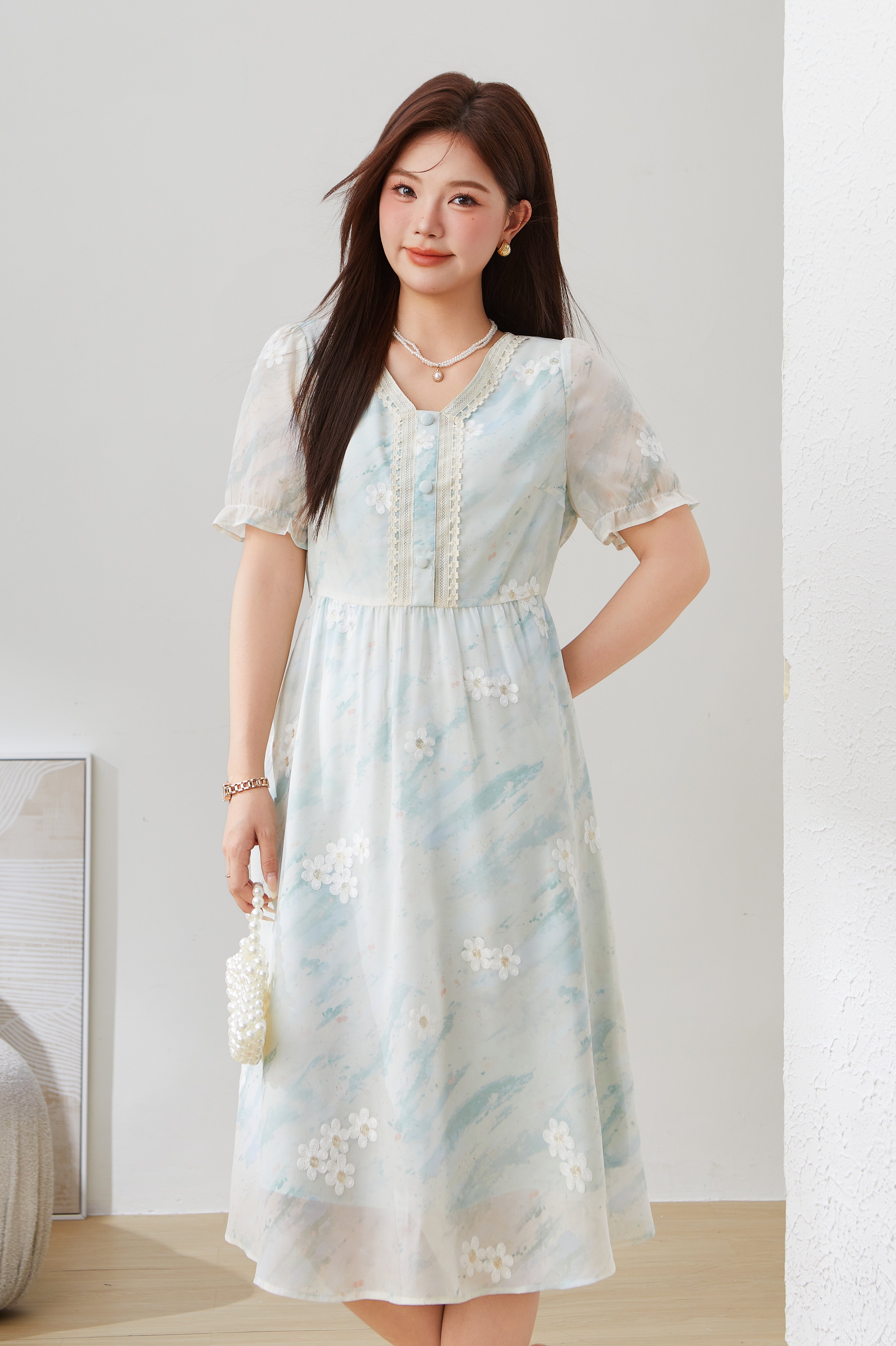 Embroidered Rainbow Striped Chiffon Dress EXQ5258