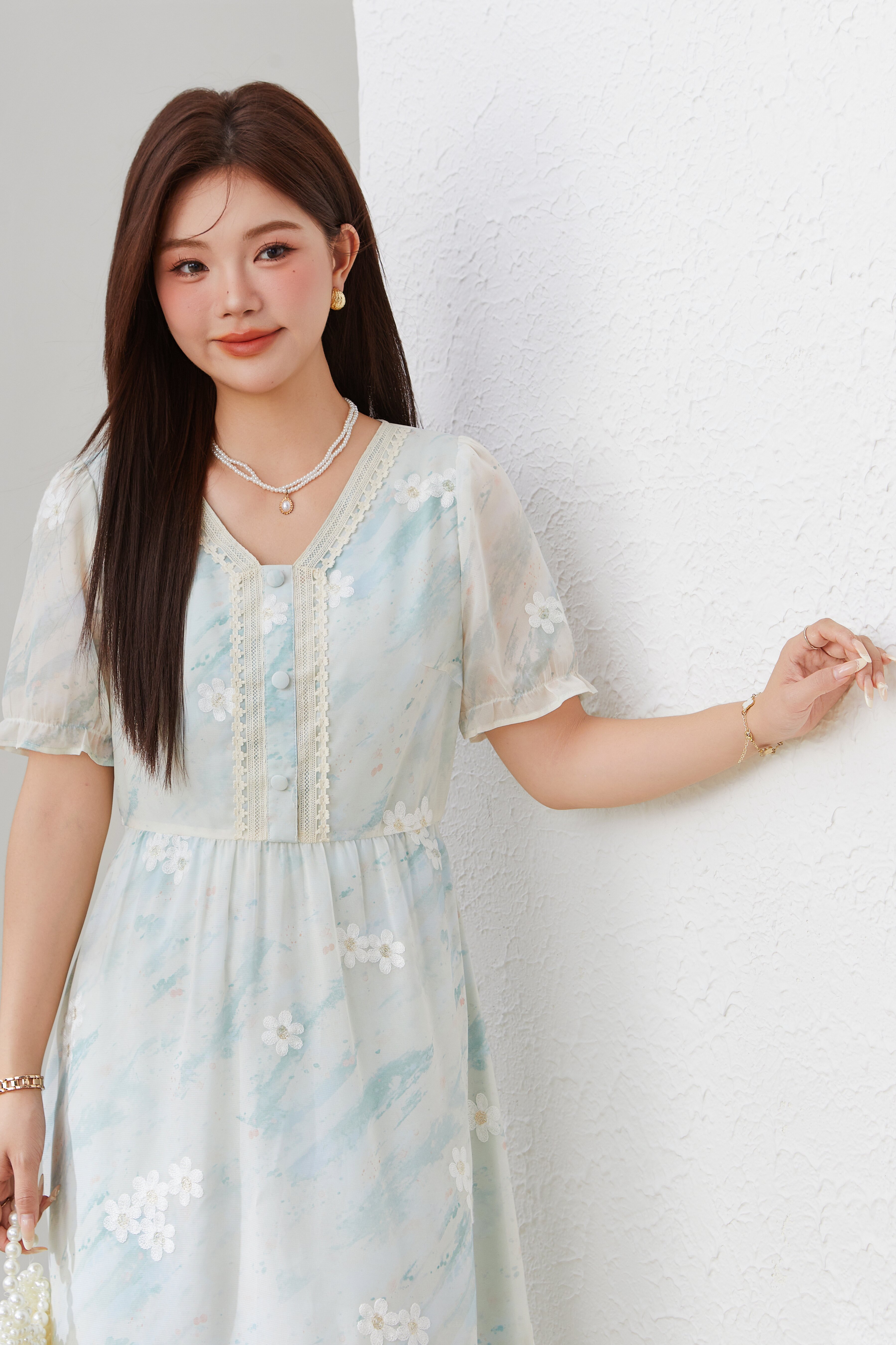 Embroidered Rainbow Striped Chiffon Dress EXQ5258