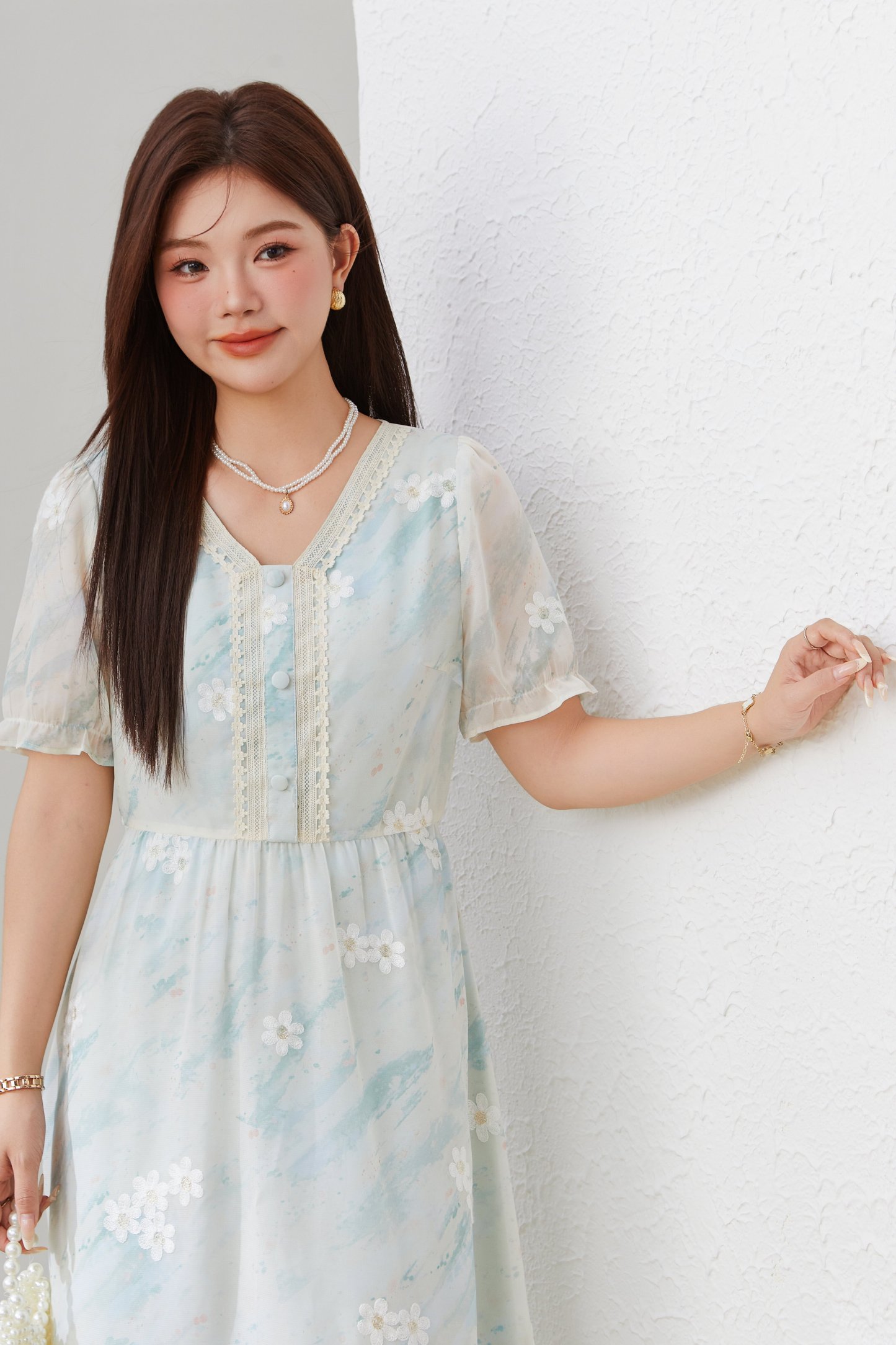 Embroidered Rainbow Striped Chiffon Dress EXQ5258