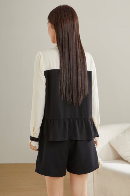 Fake Two-Piece Patchwork Ruffle Blouse ECA2381