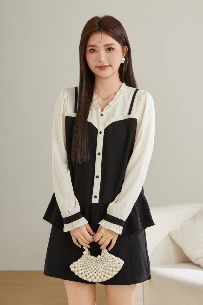 Fake Two-Piece Patchwork Ruffle Blouse ECA2381