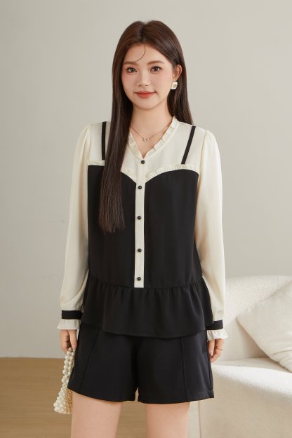 Fake Two-Piece Patchwork Ruffle Blouse ECA2381