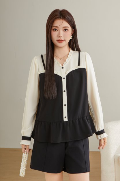 Fake Two-Piece Patchwork Ruffle Blouse ECA2381