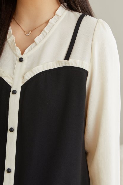 Fake Two-Piece Patchwork Ruffle Blouse ECA2381