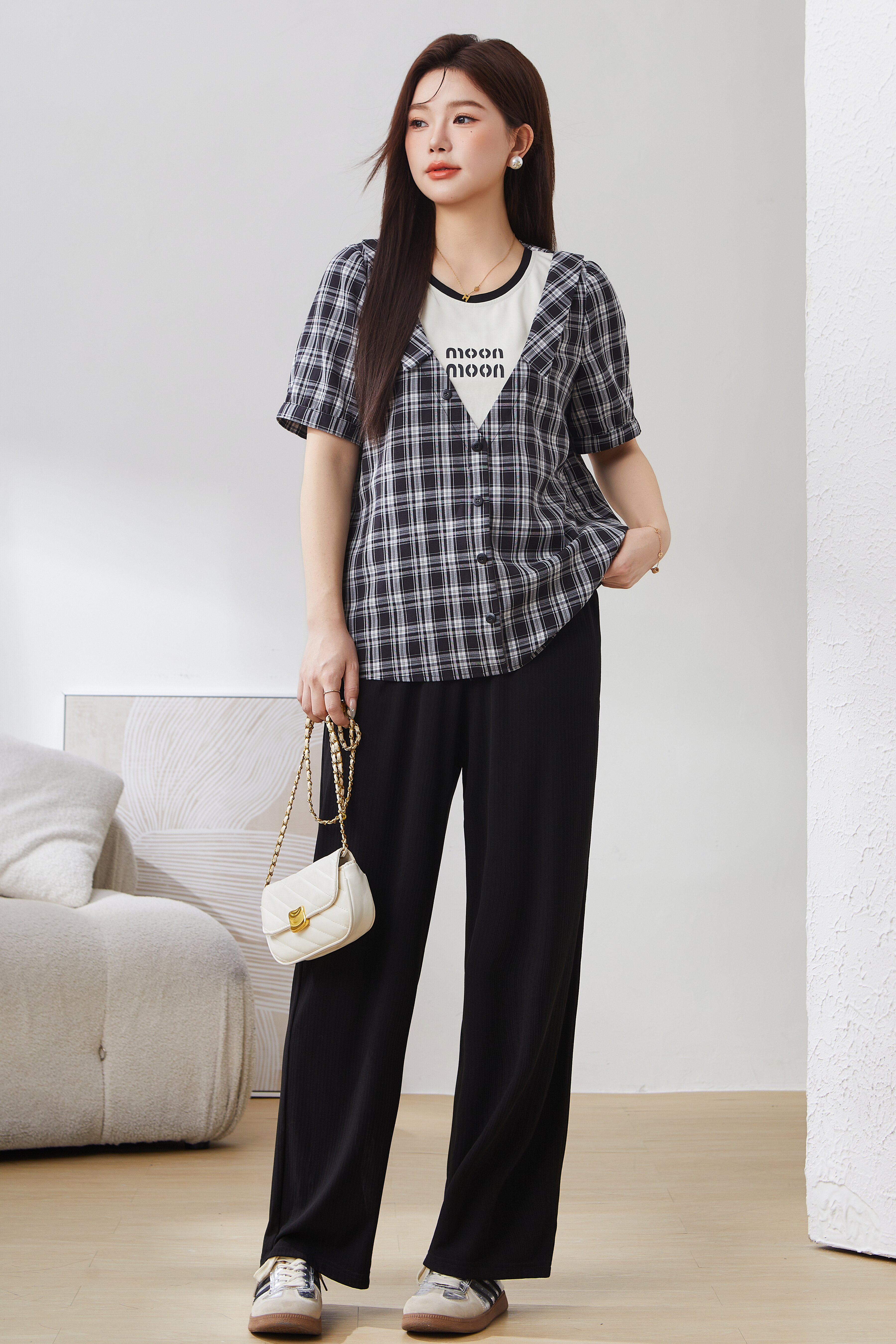 Fake Two-Piece Plaid Patchwork Printed Shirt EXA2975