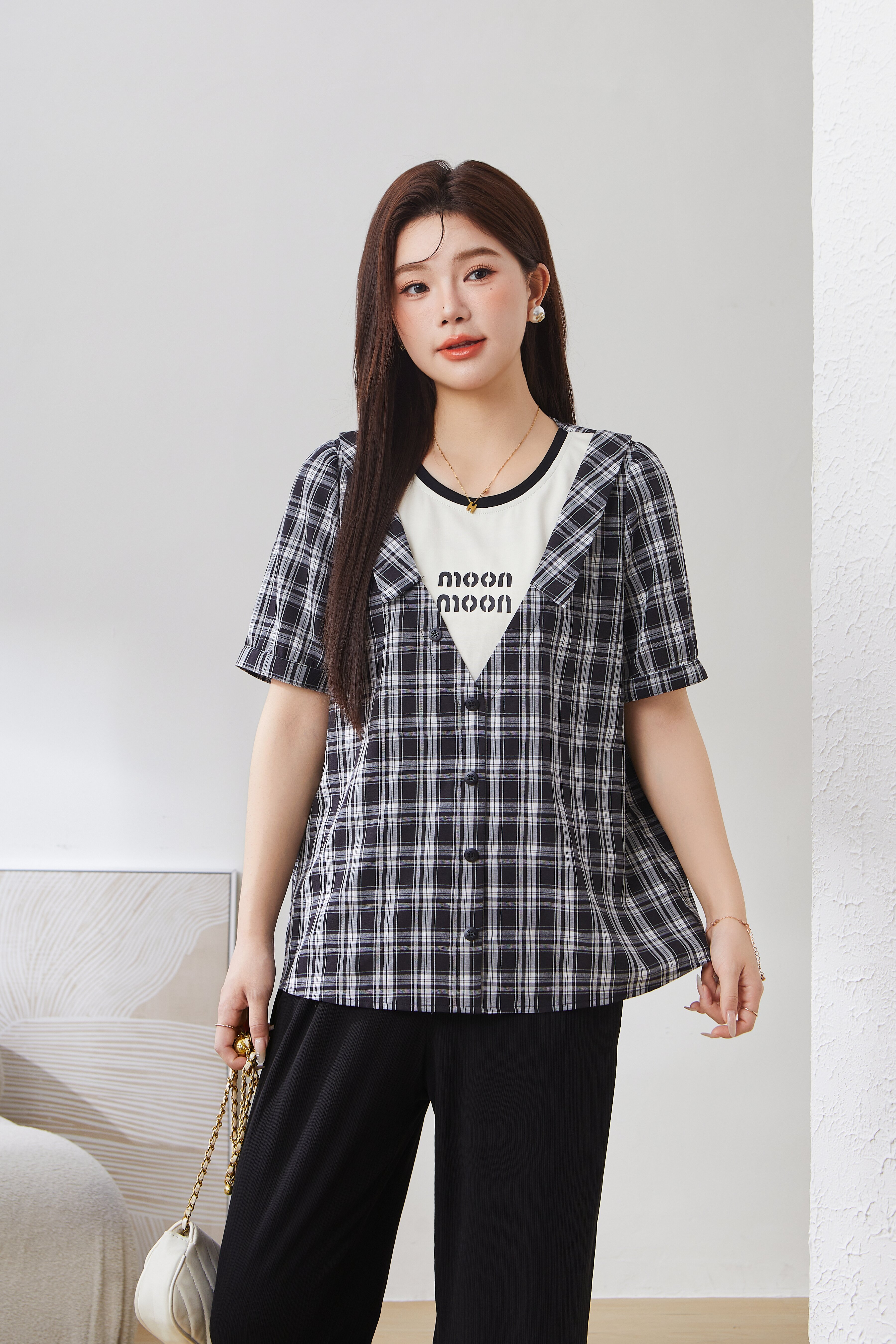 Fake Two-Piece Plaid Patchwork Printed Shirt EXA2975