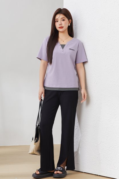 Fake Two-Piece Color-Block Slimming Embroidered Top EXZ2673