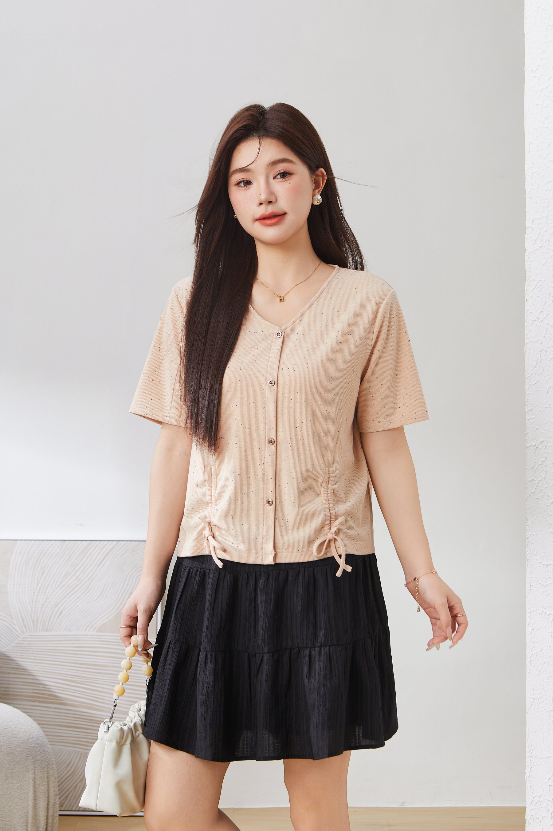 Drawstring Pleated V-neck Knit Top EXZ3038