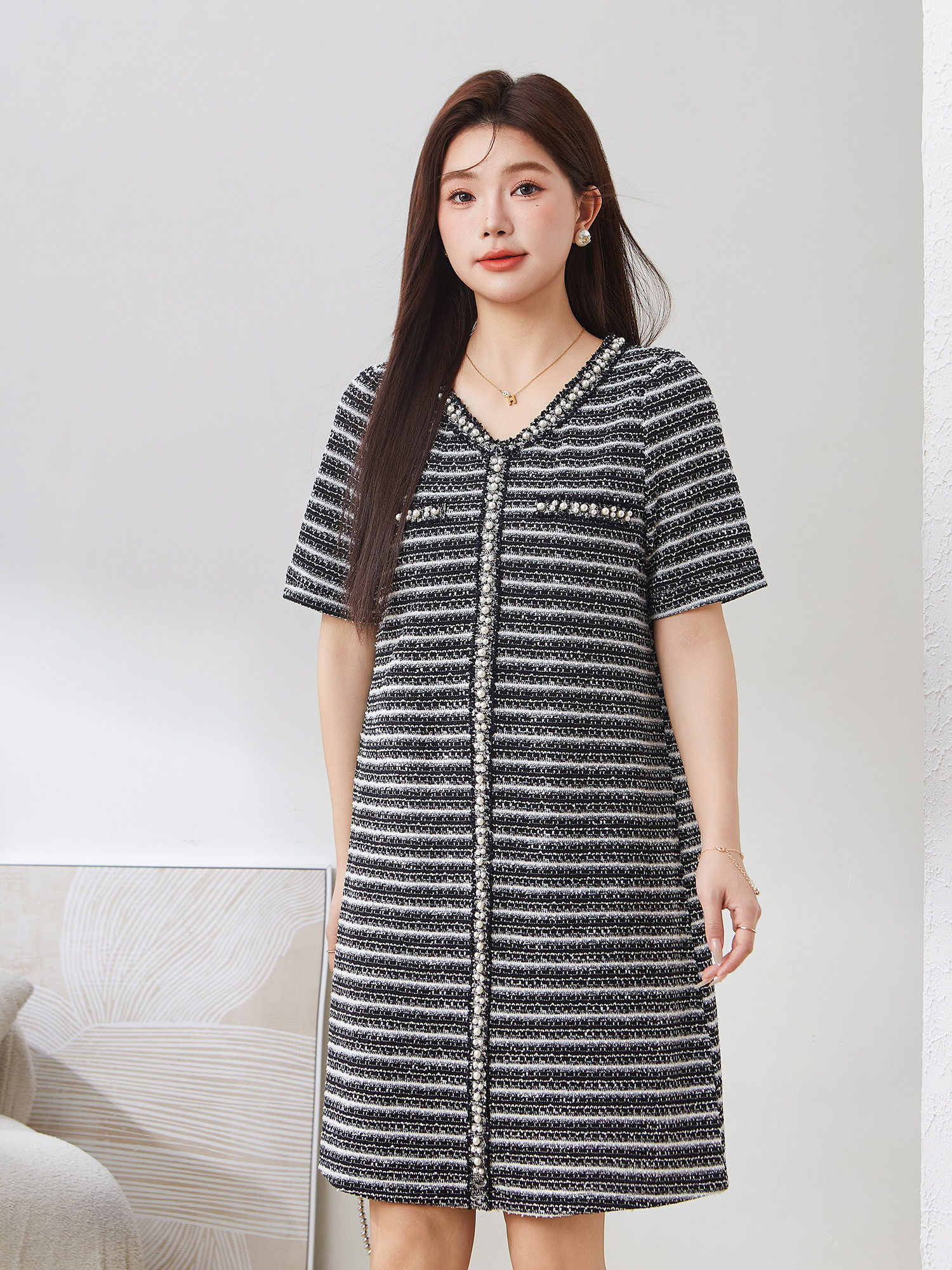 V-neck Puff Sleeve All-Match Dress Exq2915