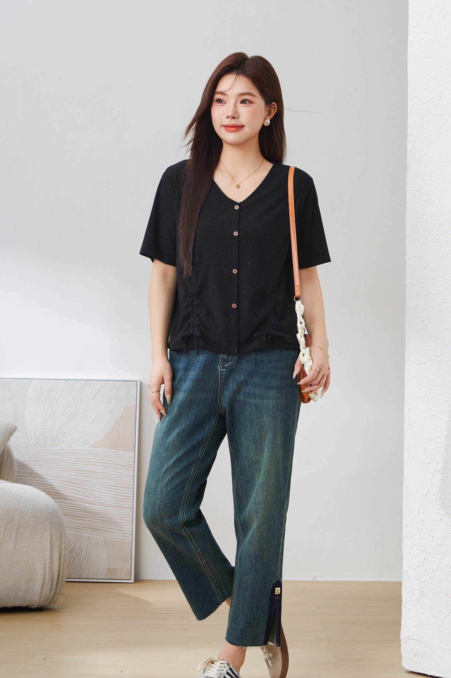 Drawstring Pleated V-neck Knit Top EXZ3038