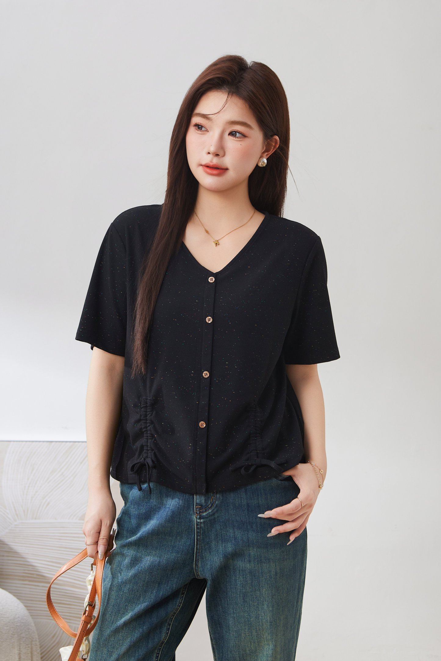 Drawstring Pleated V-neck Knit Top EXZ3038