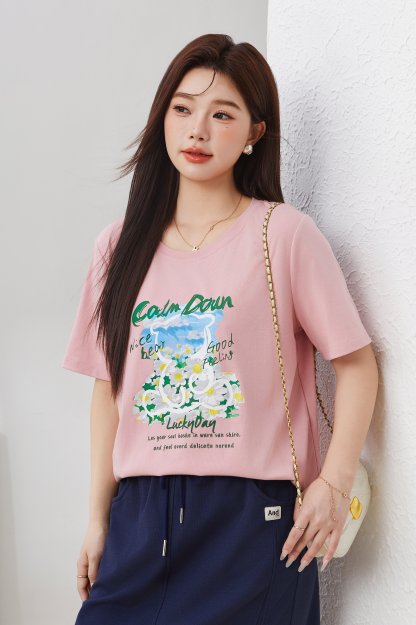 Loose Round Neck Cream Style Printed Top EXZ3007