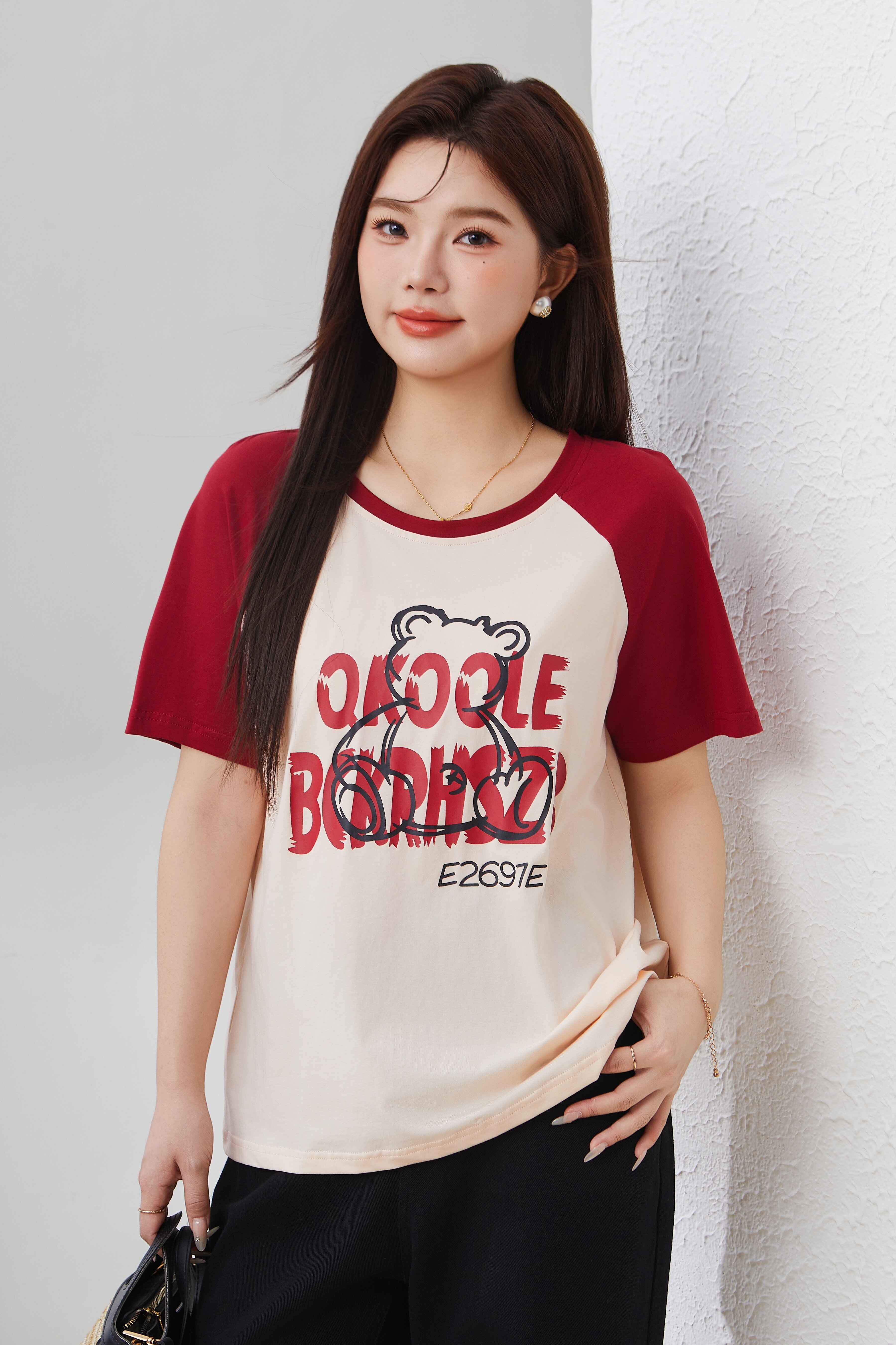 Loose Contrast Color Raglan Printed T-shirt Dxz1265