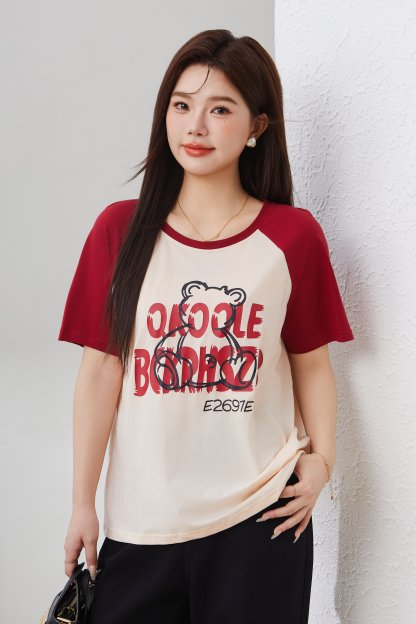 Loose Contrast Color Raglan Printed T-shirt Dxz1265