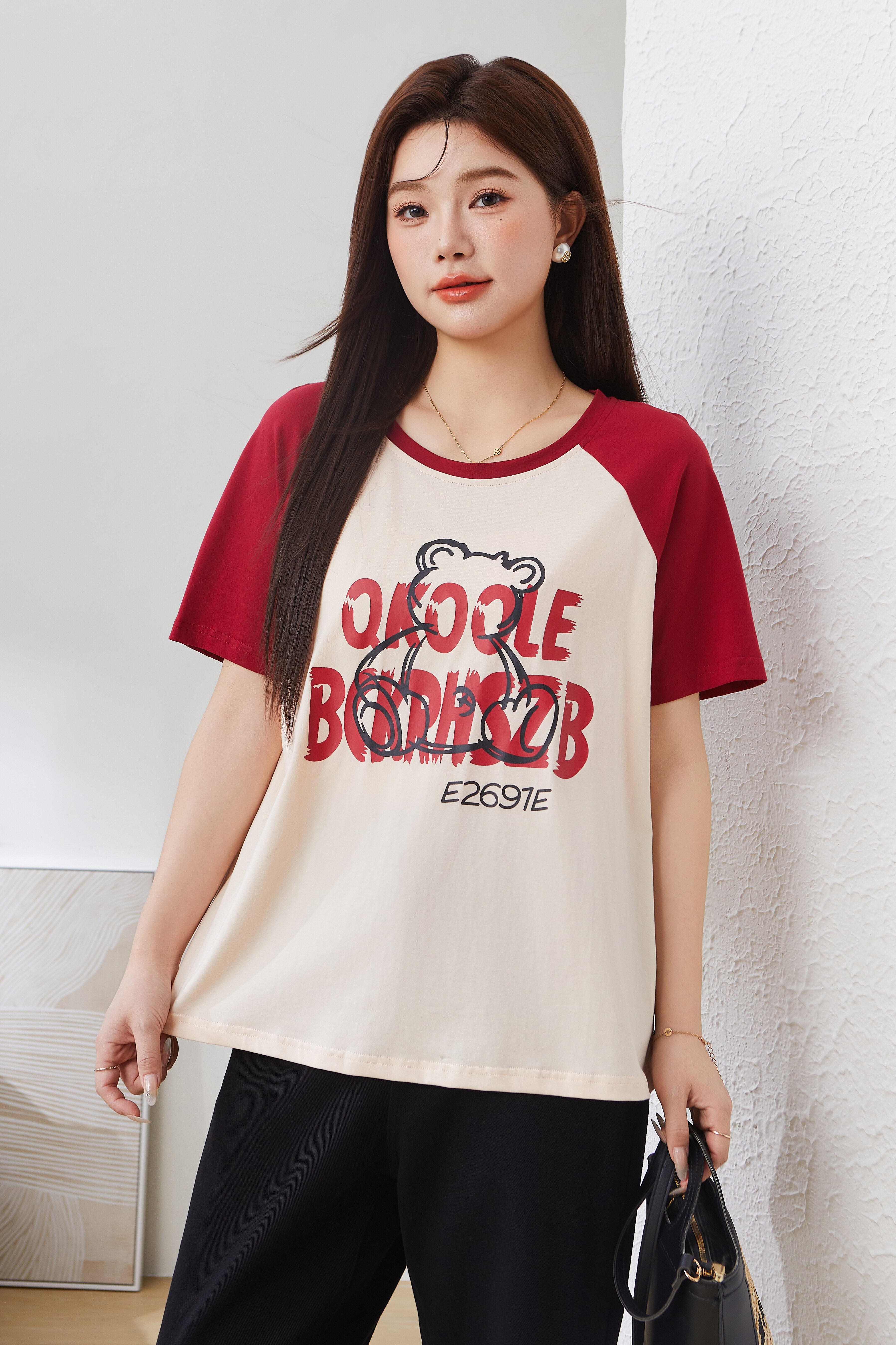 Loose Contrast Color Raglan Printed T-shirt Dxz1265