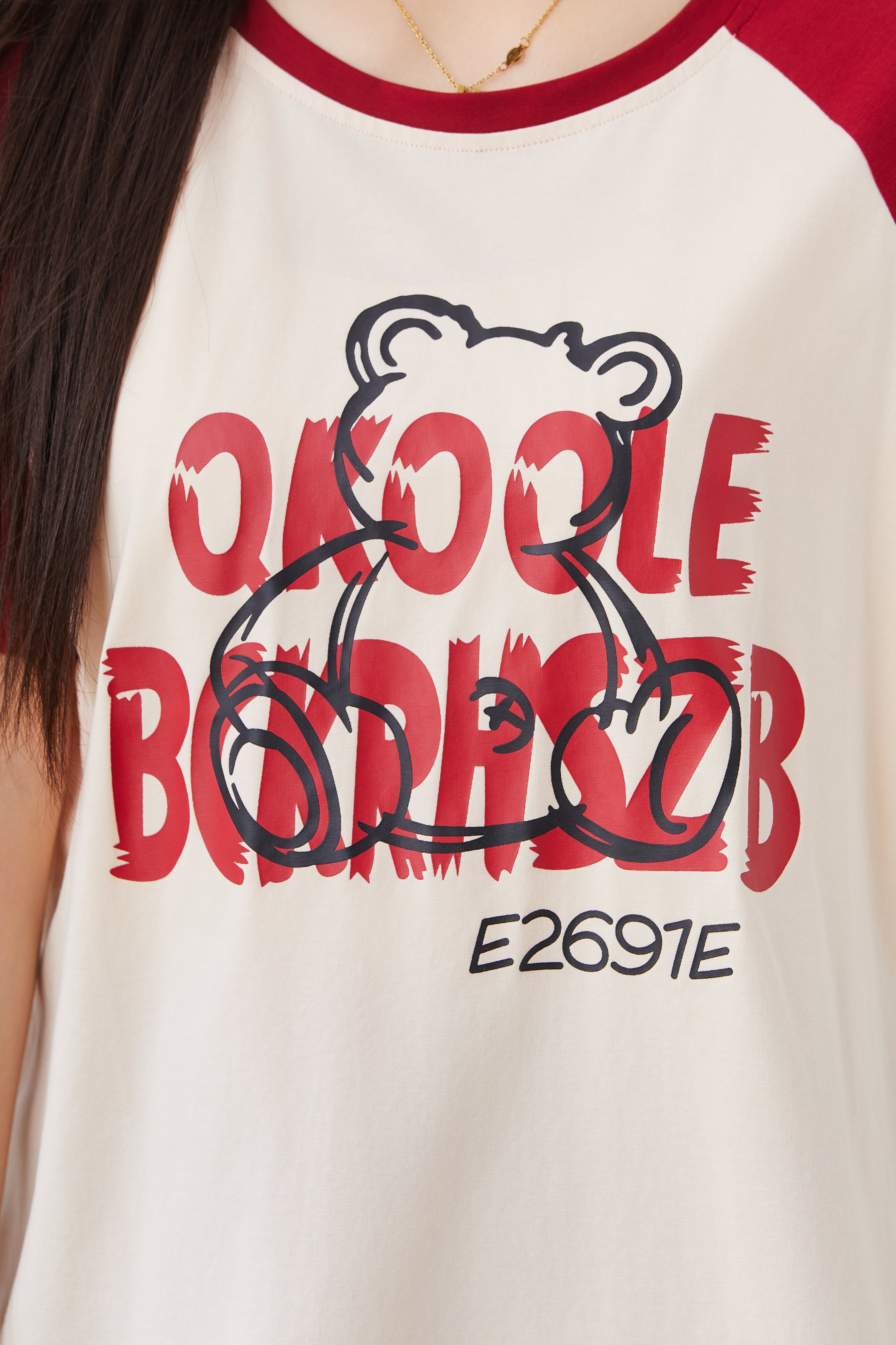 Loose Contrast Color Raglan Printed T-shirt Dxz1265