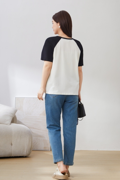 Raglan Contrast Color round Neck Printed Top Exz3008