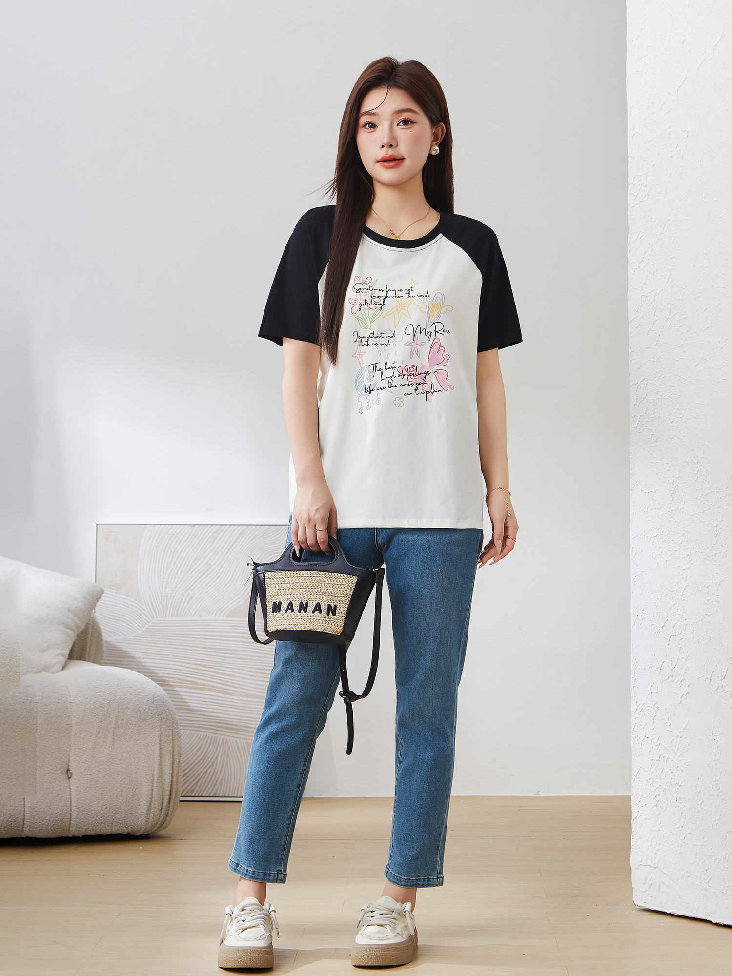 Raglan Contrast Color round Neck Printed Top Exz3008
