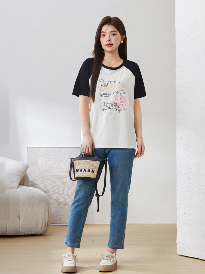 Raglan Contrast Color round Neck Printed Top Exz3008