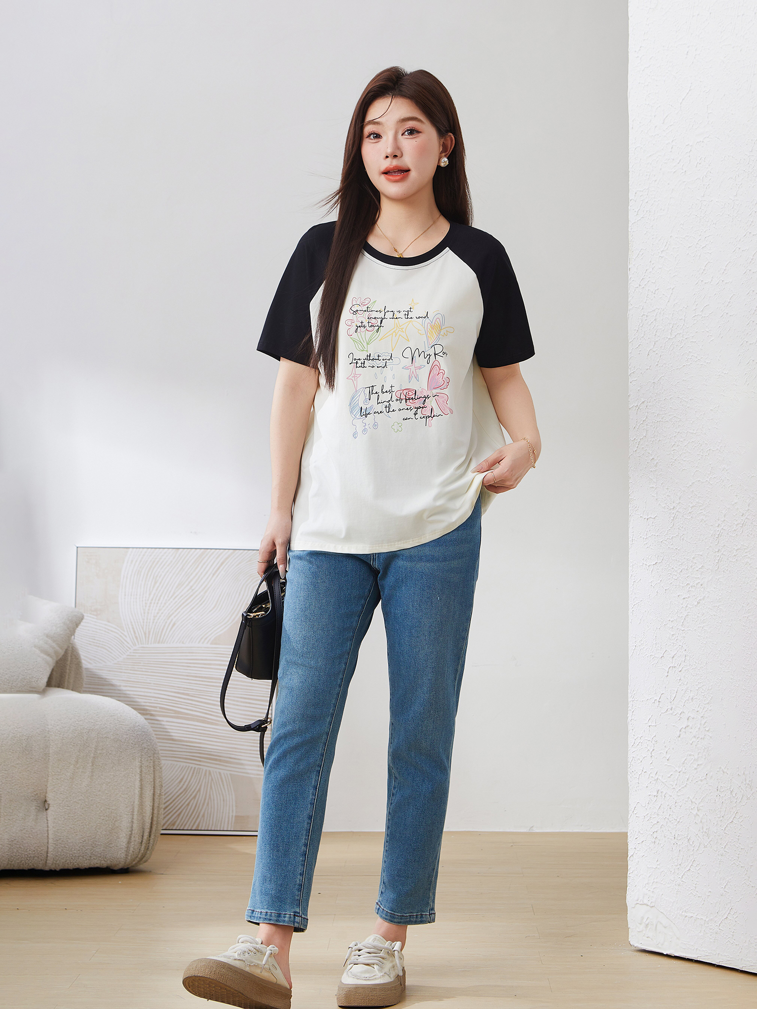 Raglan Contrast Color round Neck Printed Top Exz3008