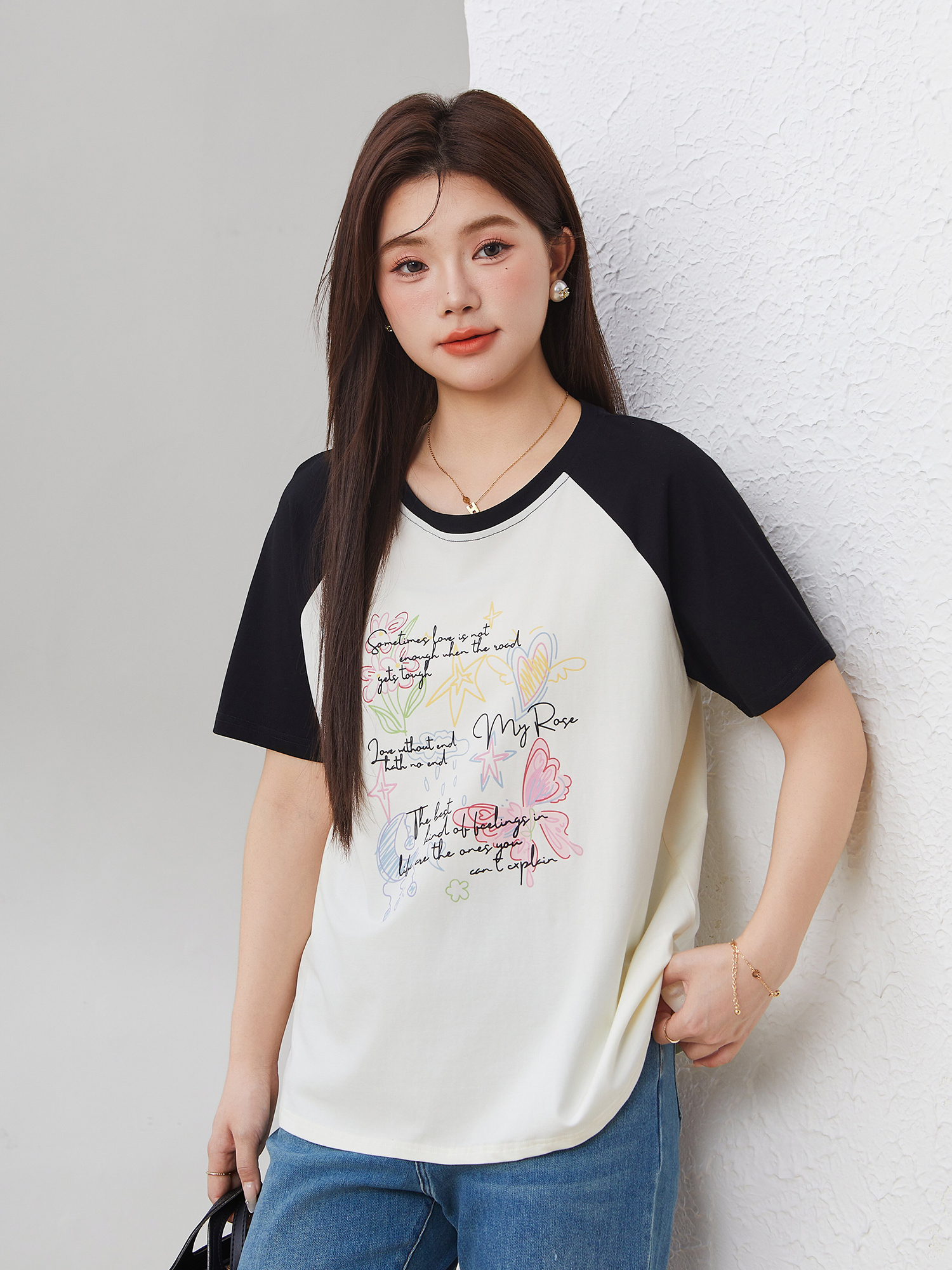Raglan Contrast Color round Neck Printed Top Exz3008