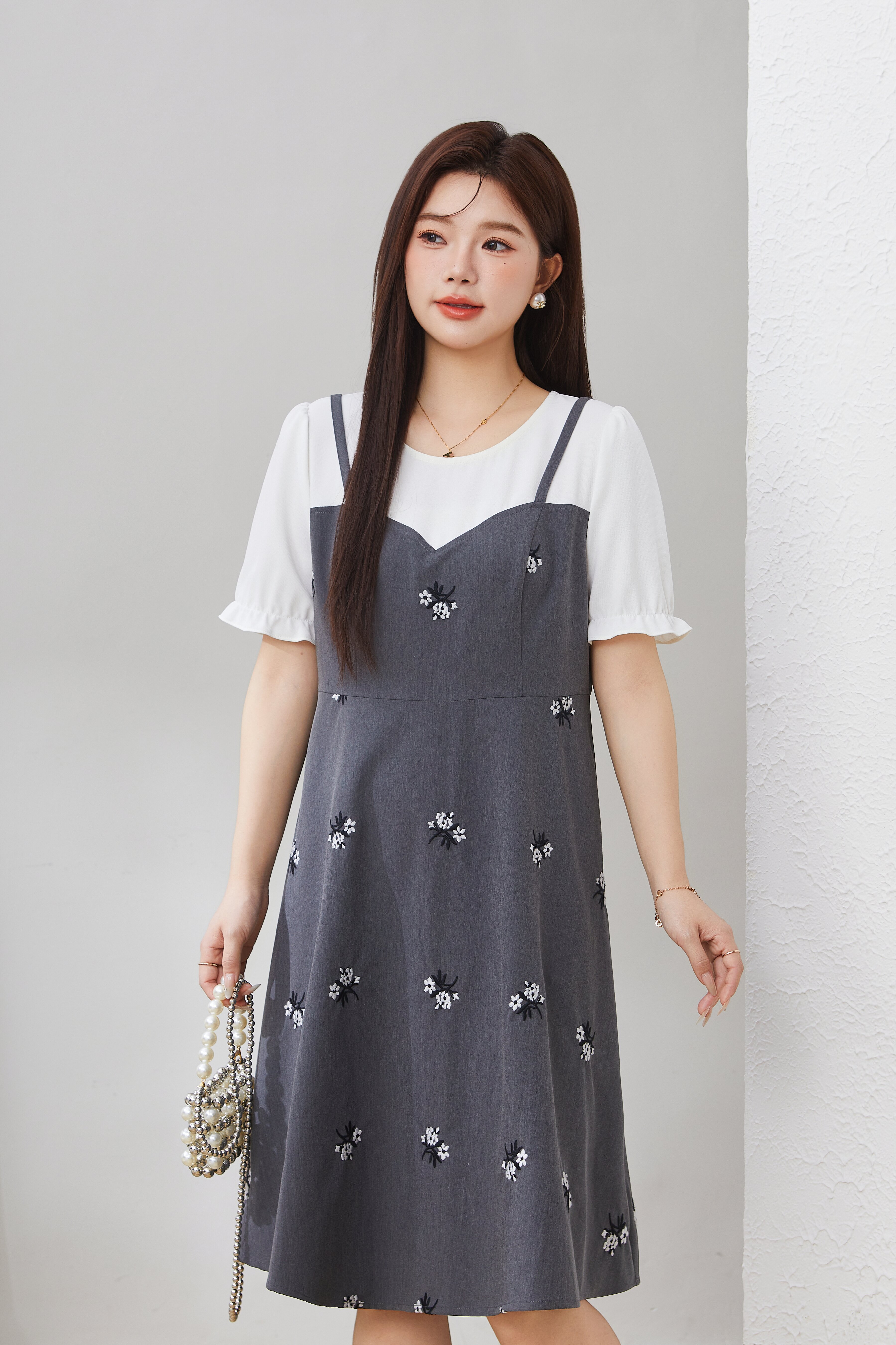 Fake Two-Piece Embroidered Camisole Dress EXQ5039