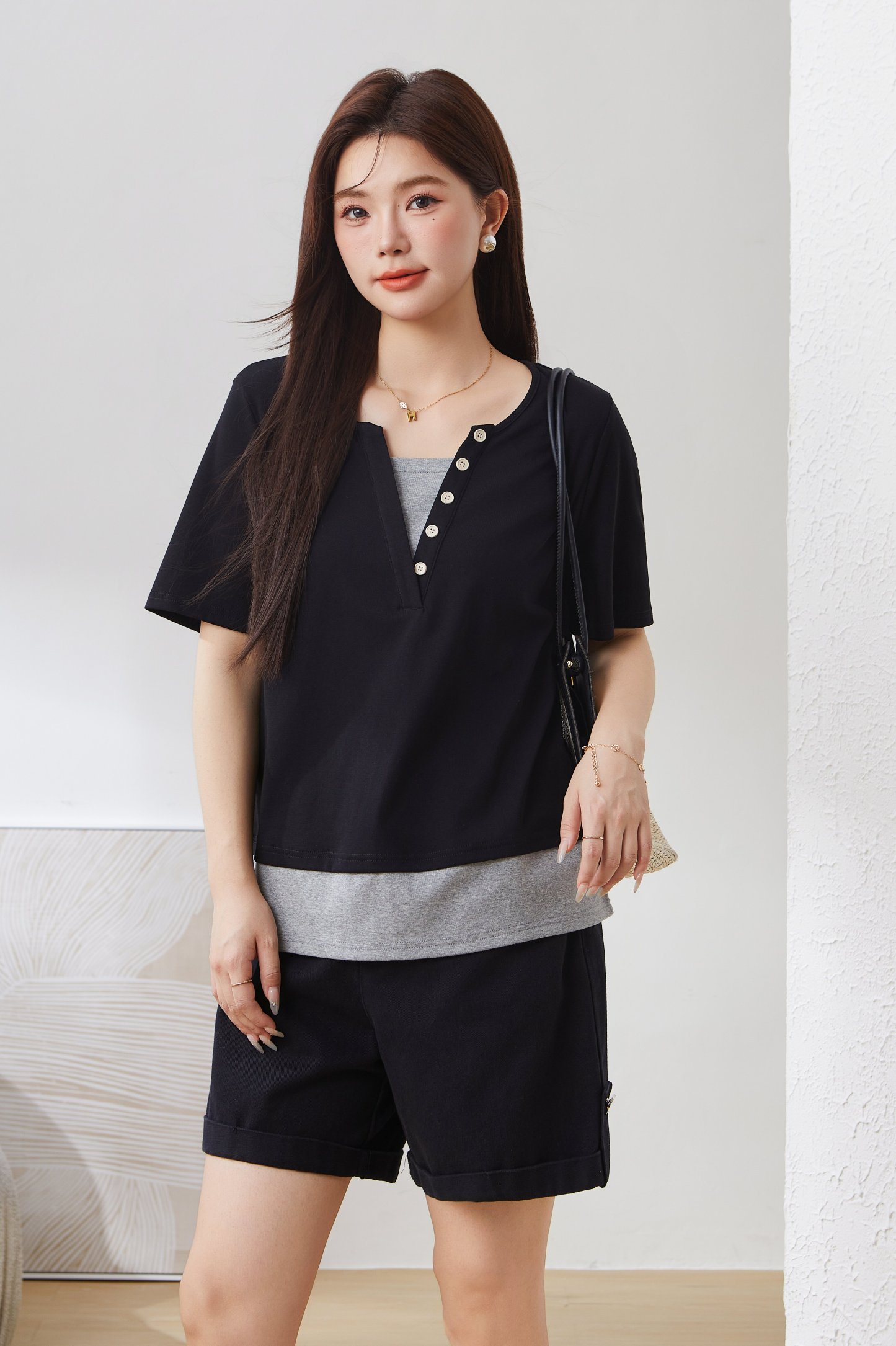 Patchwork Fake Two-Piece French Style T-Shirt DXZ1256