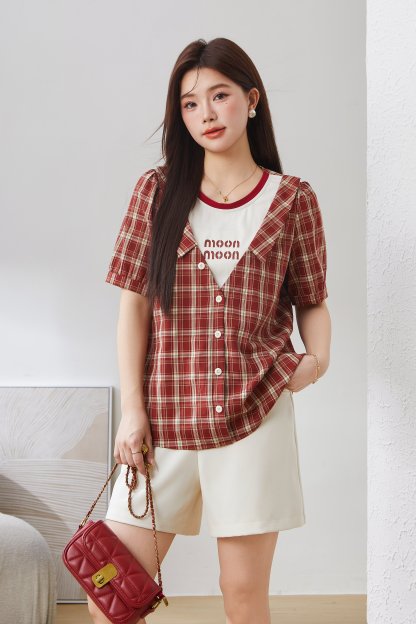 Fake Two-Piece Plaid Patchwork Printed Shirt EXA2975