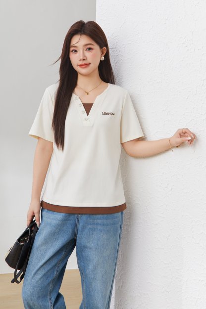 Fake Two-Piece Color-Block Slimming Embroidered Top EXZ2673