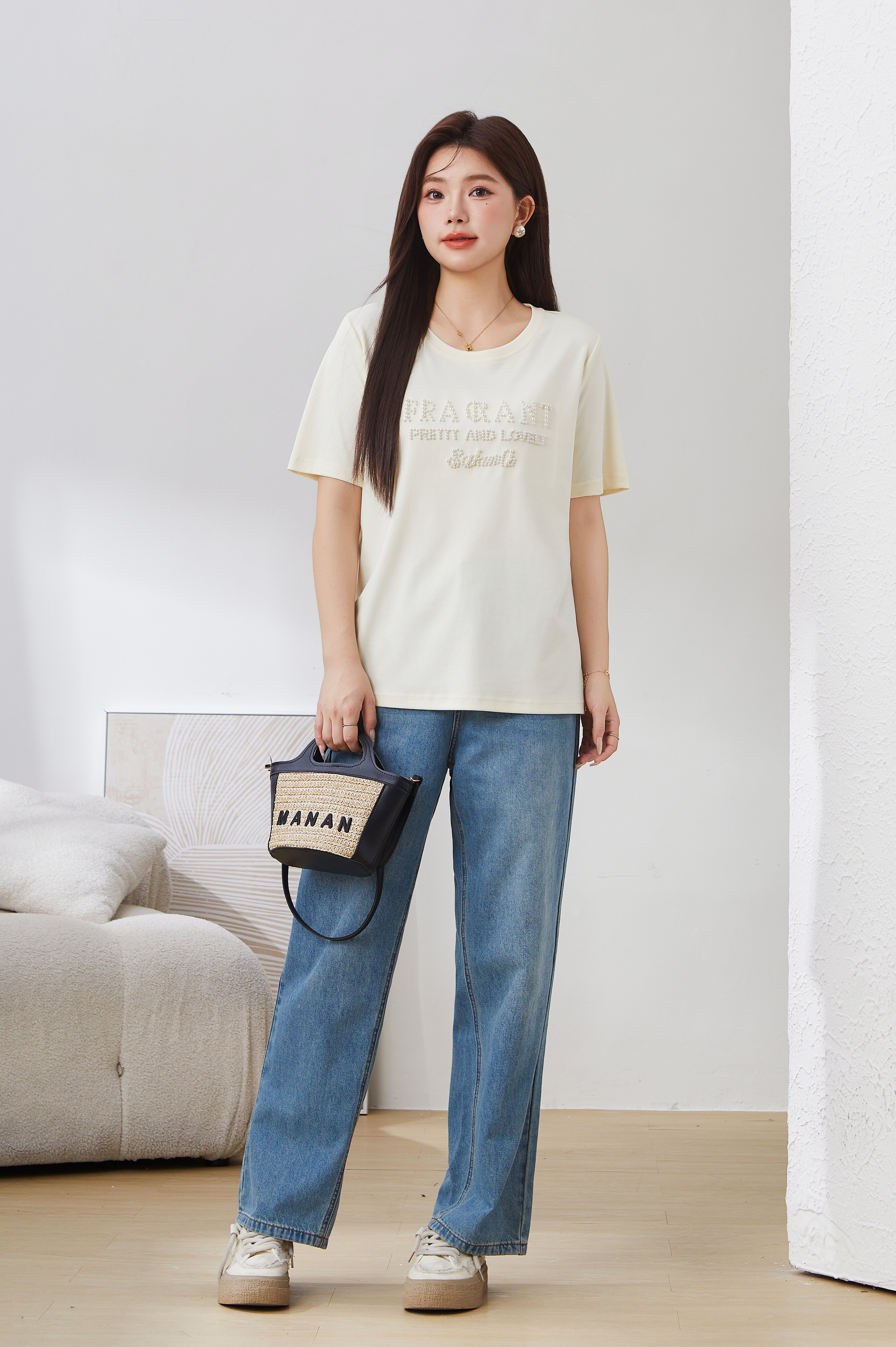 Beaded Casual Versatile T-Shirt EXZ3057