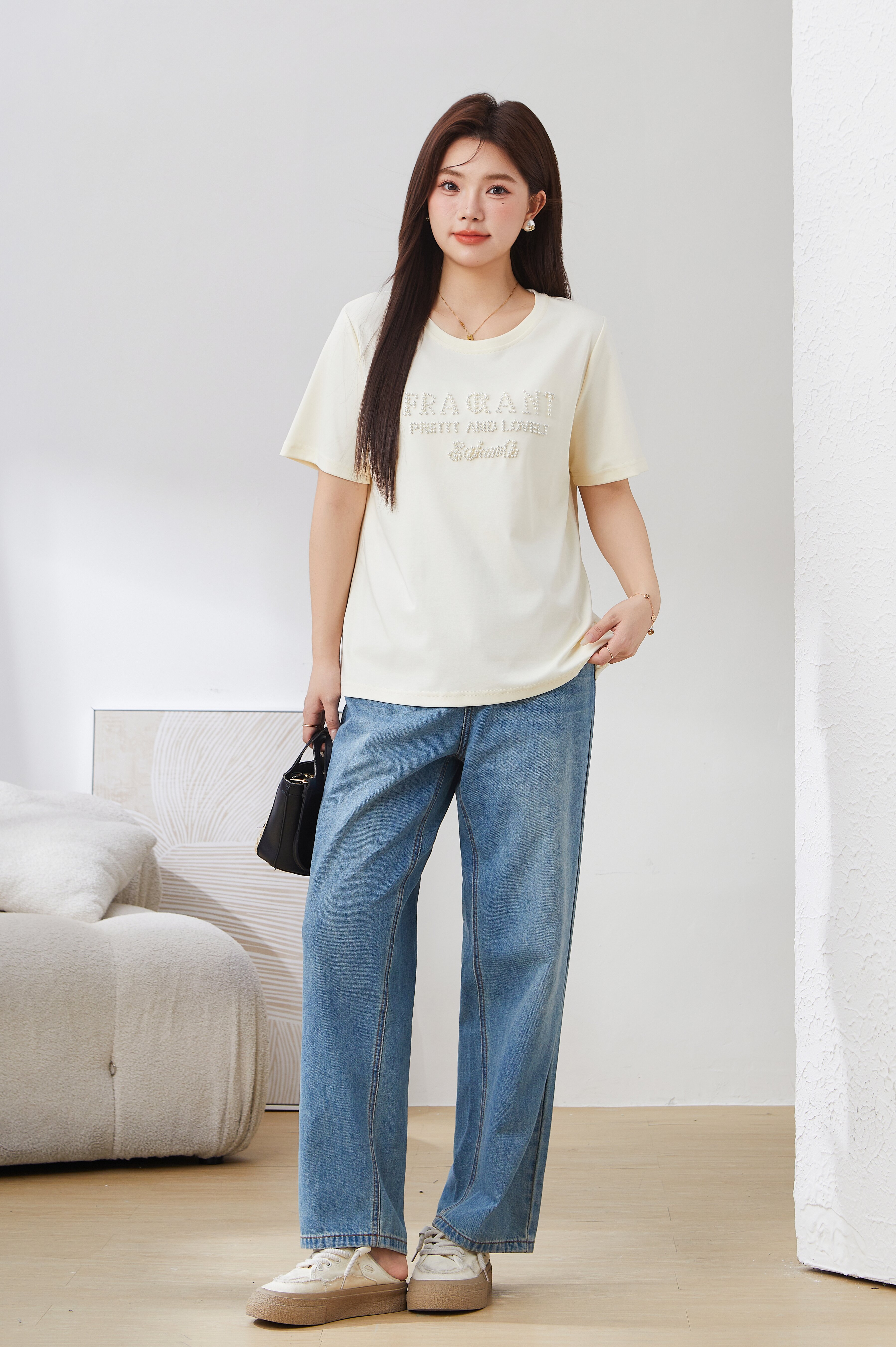 Beaded Casual Versatile T-Shirt EXZ3057