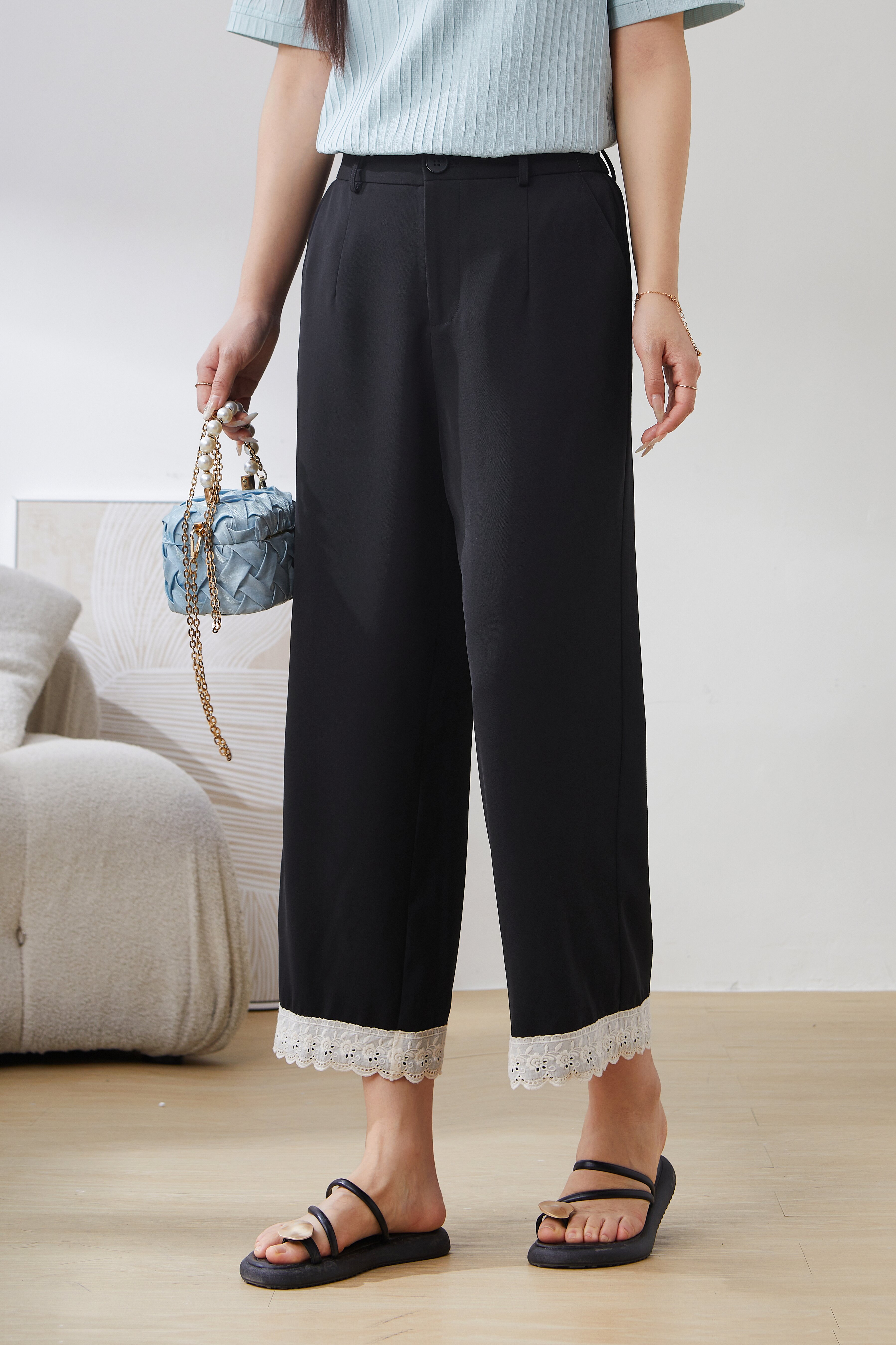 Chiffon Lace Hem Casual Nine-point Pants EXK5038