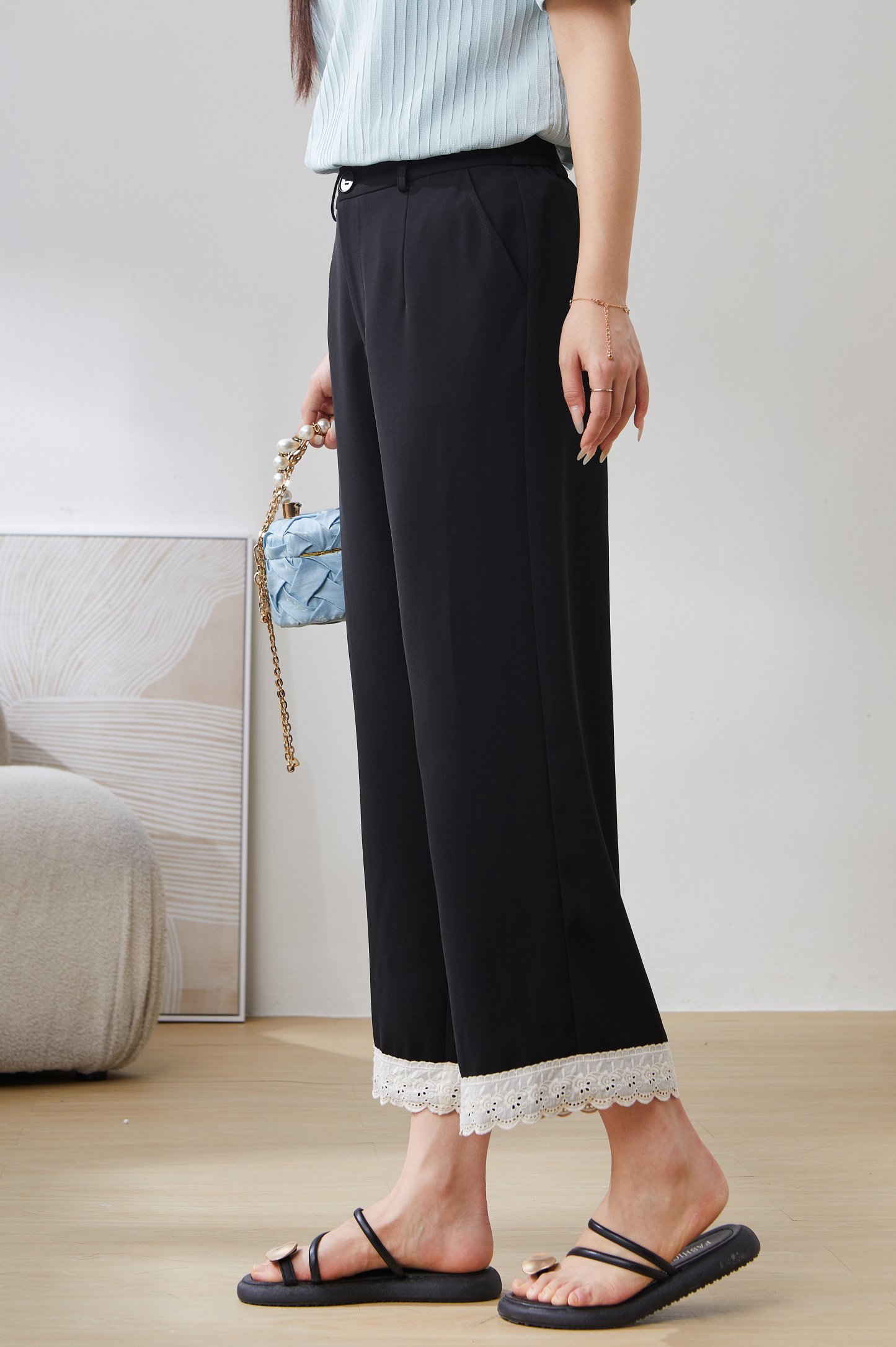 Chiffon Lace Hem Casual Nine-point Pants EXK5038