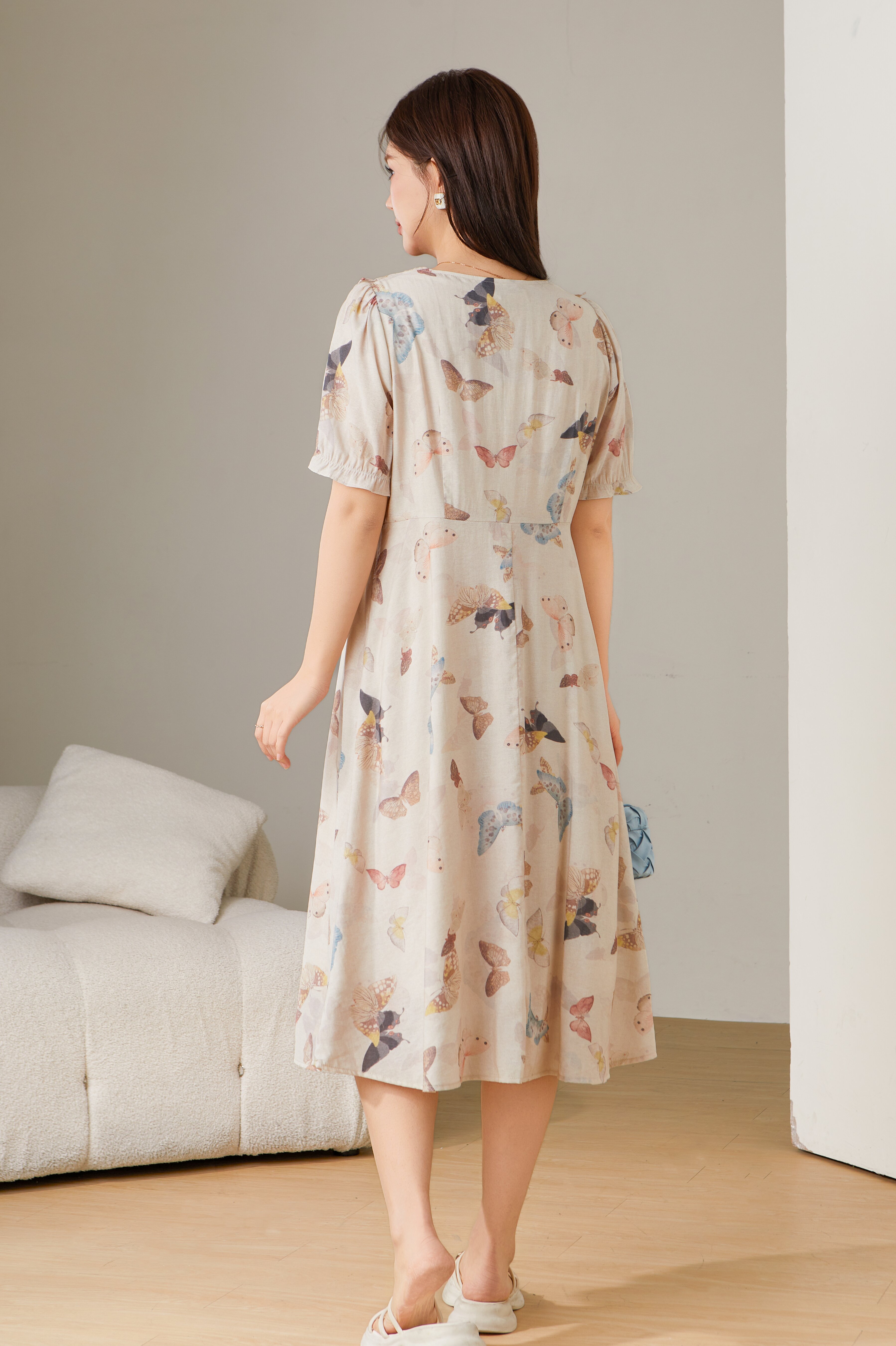 Casual V-neck floral bubble sleeve dress DXQ1607