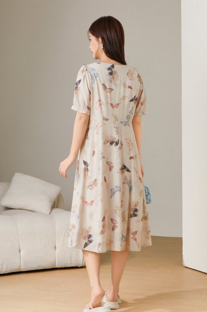 Casual V-neck floral bubble sleeve dress DXQ1607